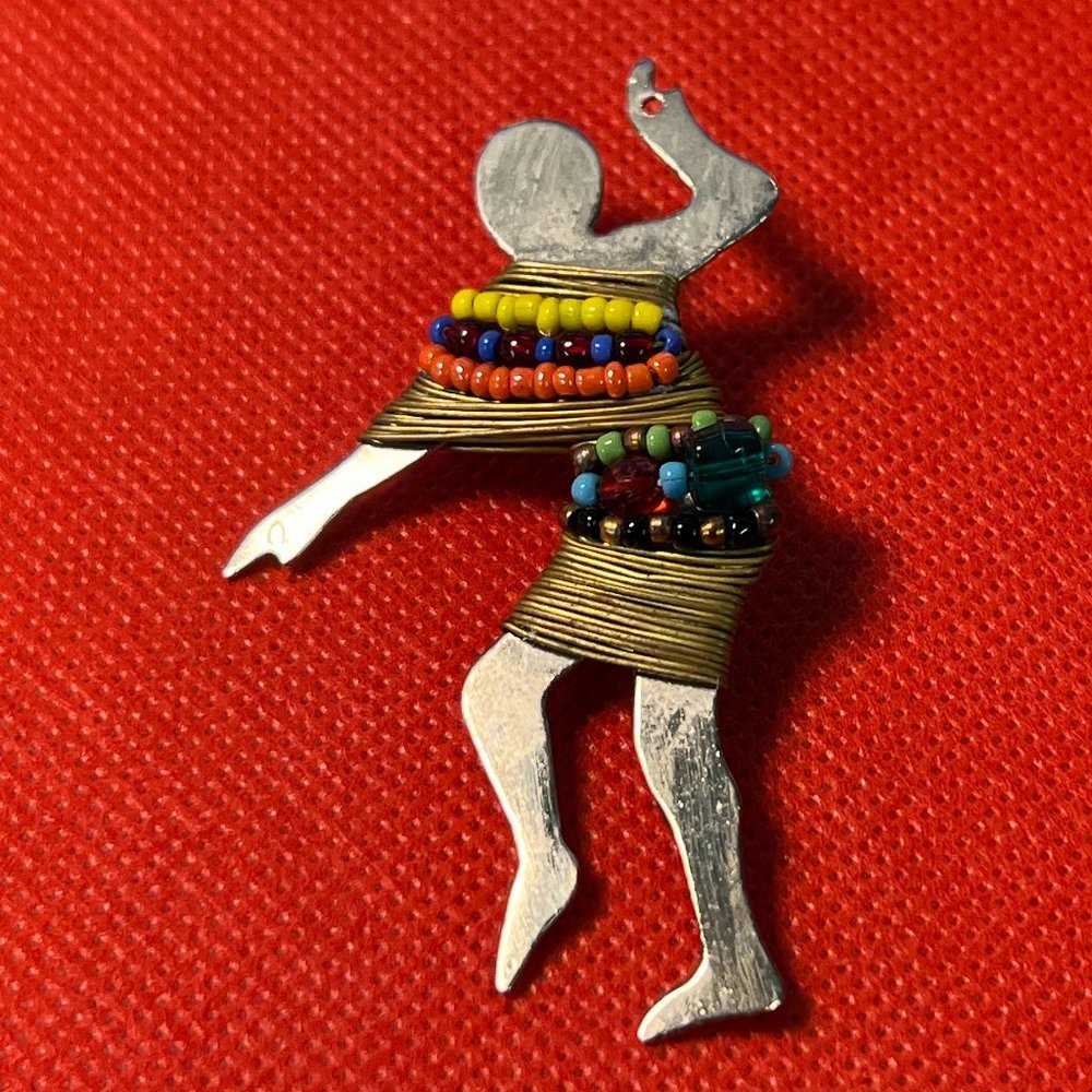 Artisan Made Dancing Woman Silver Tone with Gold Wire/Czech Beads Brooch Pin